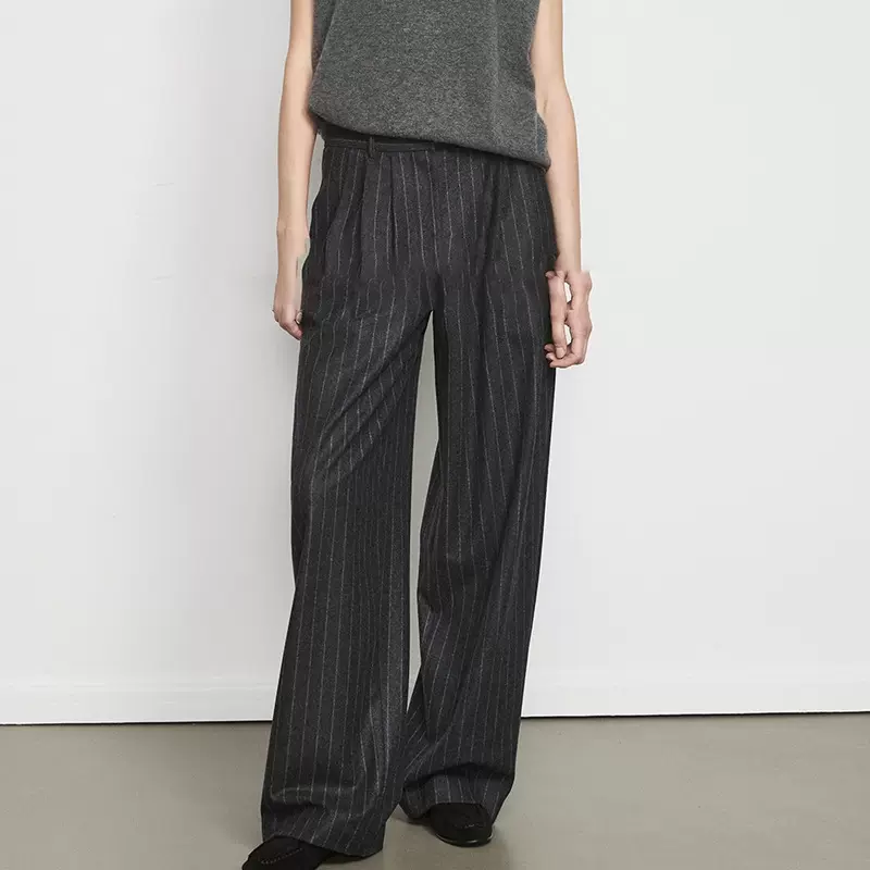 现货意大利进口法兰绒条纹 三褶老钱西裤佰搭宽松中腰显瘦阔腿裤