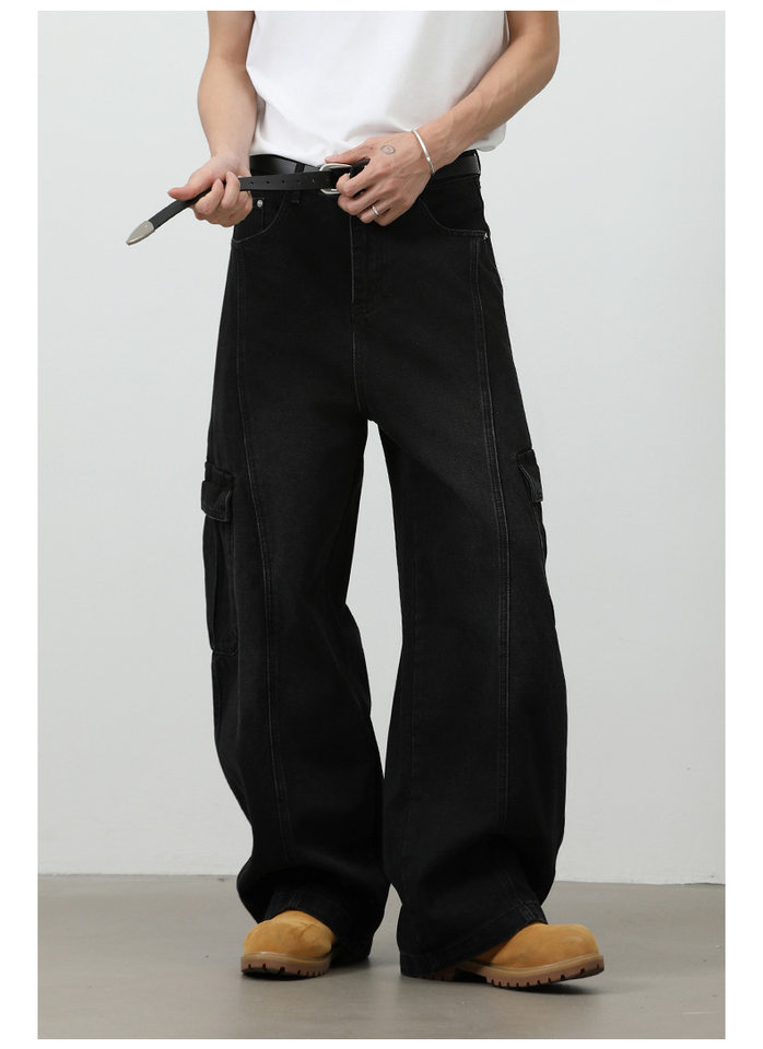 Quần jean nam ống rộng baggy phong cách retro Mỹ, nhiều túi khóa kéo, lưng giữa eo — màu xám đen chi tiết 22