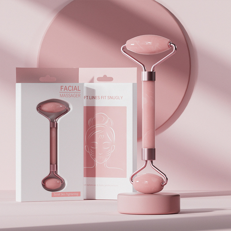 Masaje facial transfronterizo rodillo de doble cabezal raspador de belleza cristal no rosa jade levantar la cara y los ojos