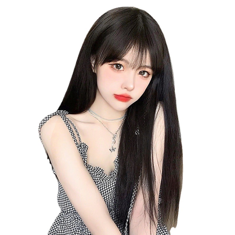 Peluca de fábrica mecanismo de seda de alta temperatura femenina pelo largo negro recto Bangs fibra química cubierta de la cabeza superior completa en stock simulación pelo largo