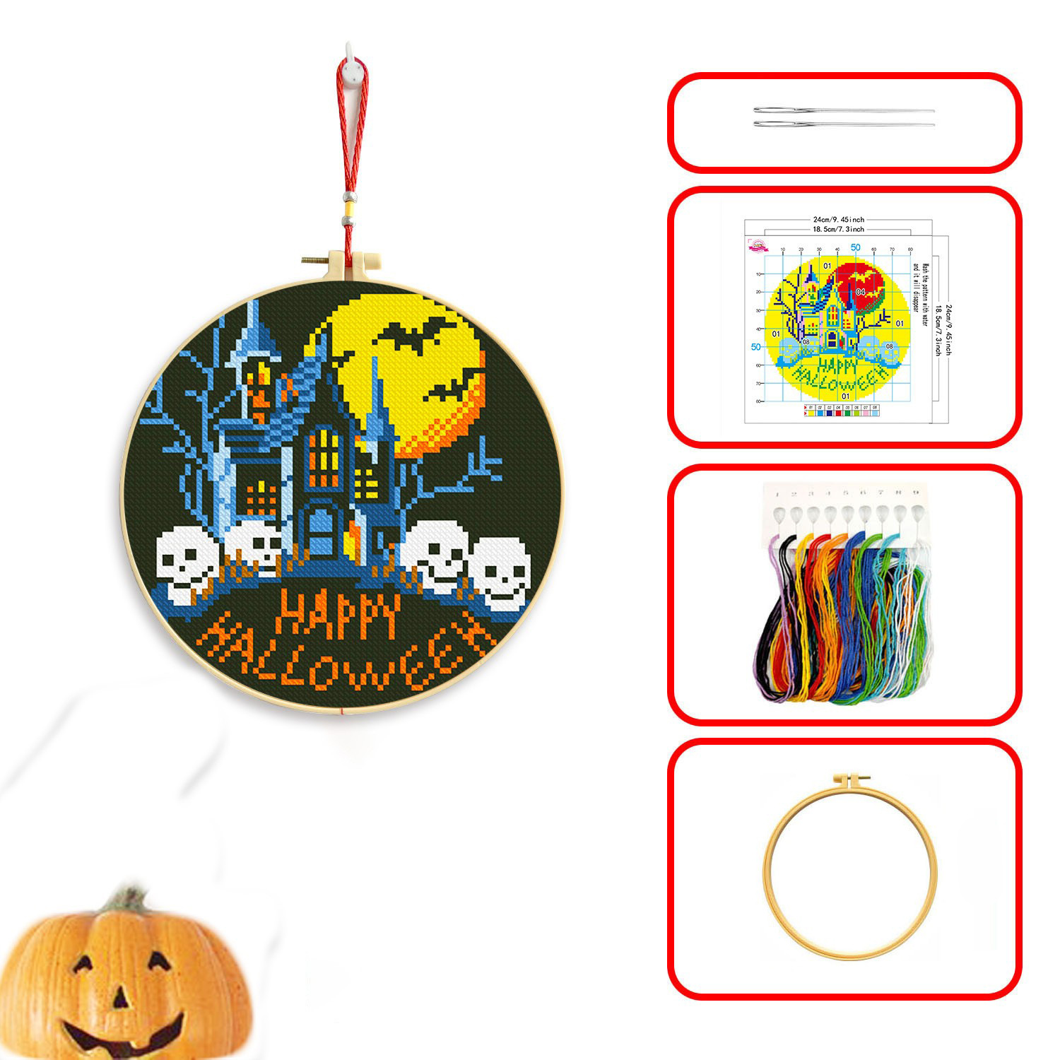 Kit de material para punto de cruz de Halloween, patrón de calabaza fantasma, colgante de bordado DIY sencillo para principiantes, venta al por mayor del fabricante. image 6