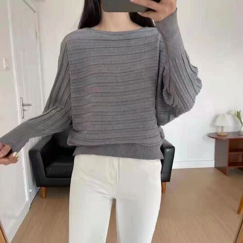 2025 Batwing Sleeve Holes Women's Long Sleeve Knitted Base Shirt Women's Top One-Neck
