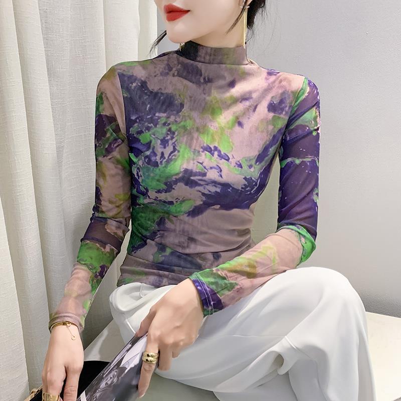 유럽 상품 유럽 상품 여성 의류 2023 가을 겨울 패션 서양식 긴팔 하이 칼라 메쉬 티셔츠 여성 포지셔닝 꽃 탑 실제 샷