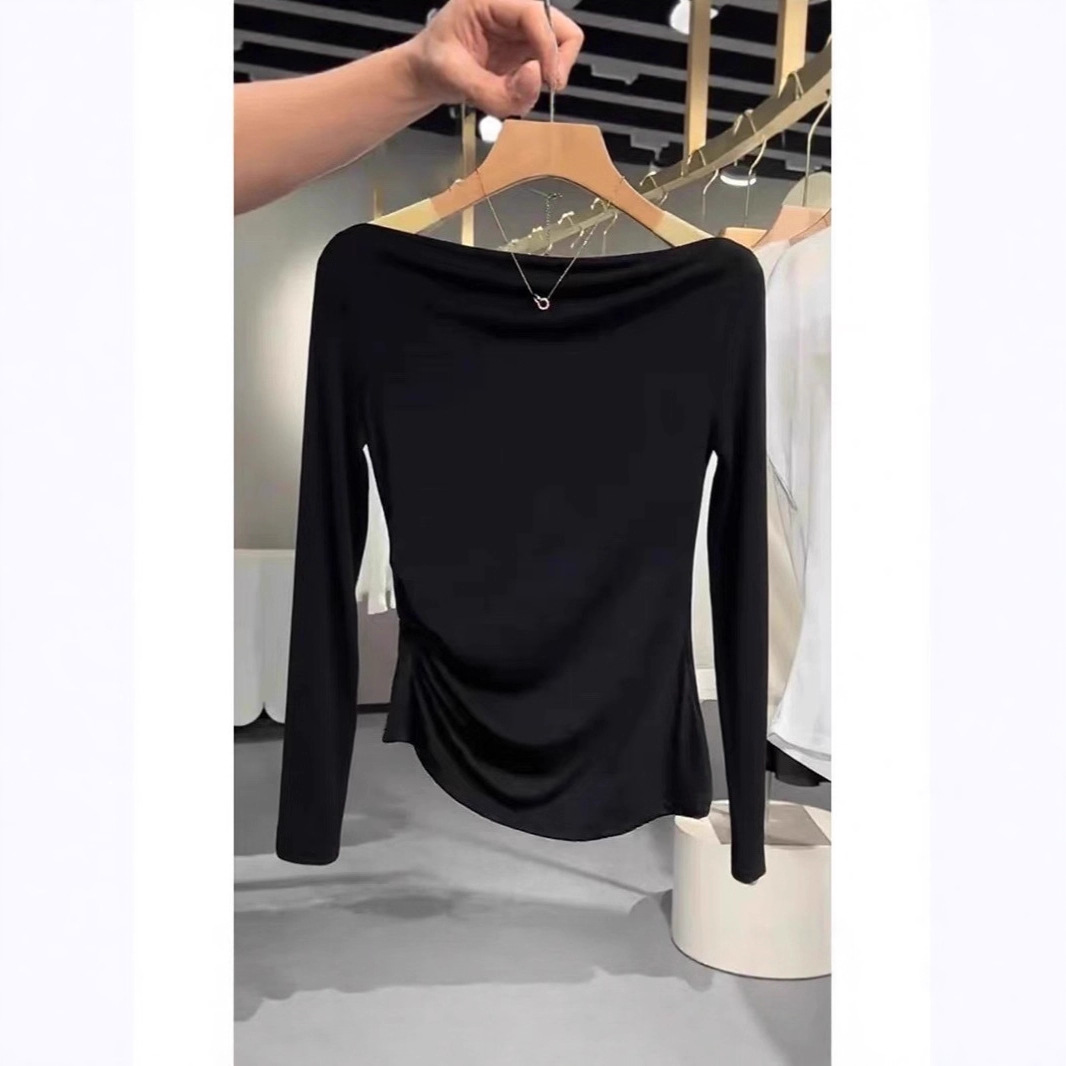 One-Shoulder Long-Sleeved T-Shirt for Women with 2025 Early Autumn New Pleated Design Swung Collar Asymmetrical Slim Fit Top