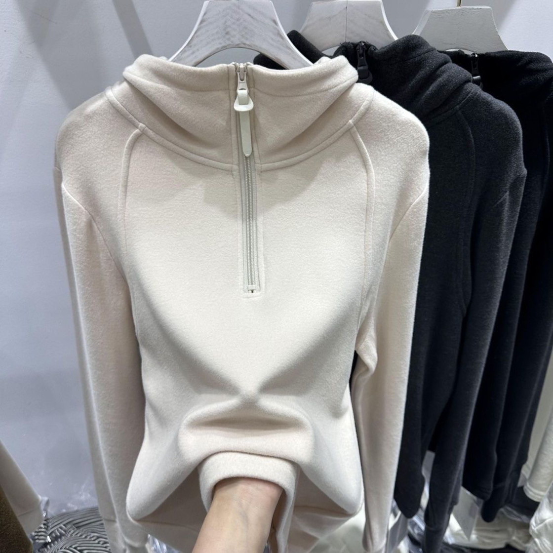 Derong Hooded Sweatshirt for Women in Autumn and Winter New Style Long-Sleeved Chic Zipper Fashion Bottoming Shirt Warm and Versatile Top