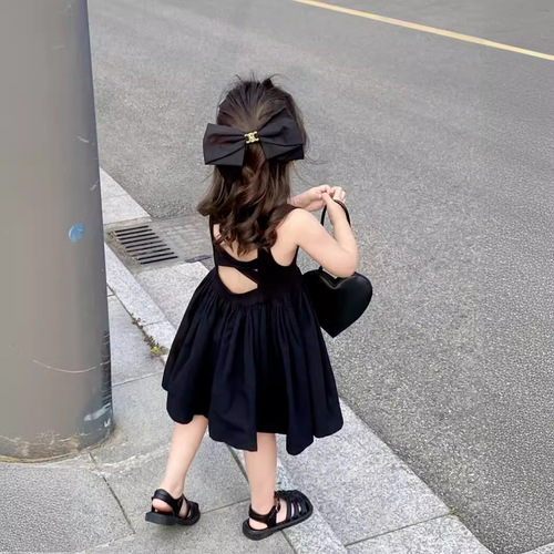 Summer  European and American Style Girls' Elegant Backless Cross-Shoulder Beach Tank Dress Retro Subtle Heartbeat Backless Dress