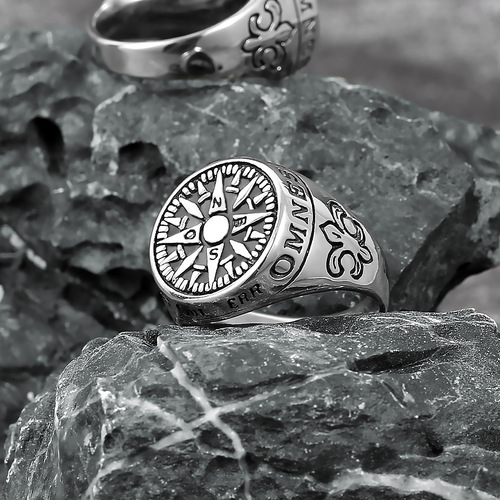Viking Compass Titanium Steel Ring Retro Viking Ring Trendy Letter Ring Men's Stainless Steel Ring