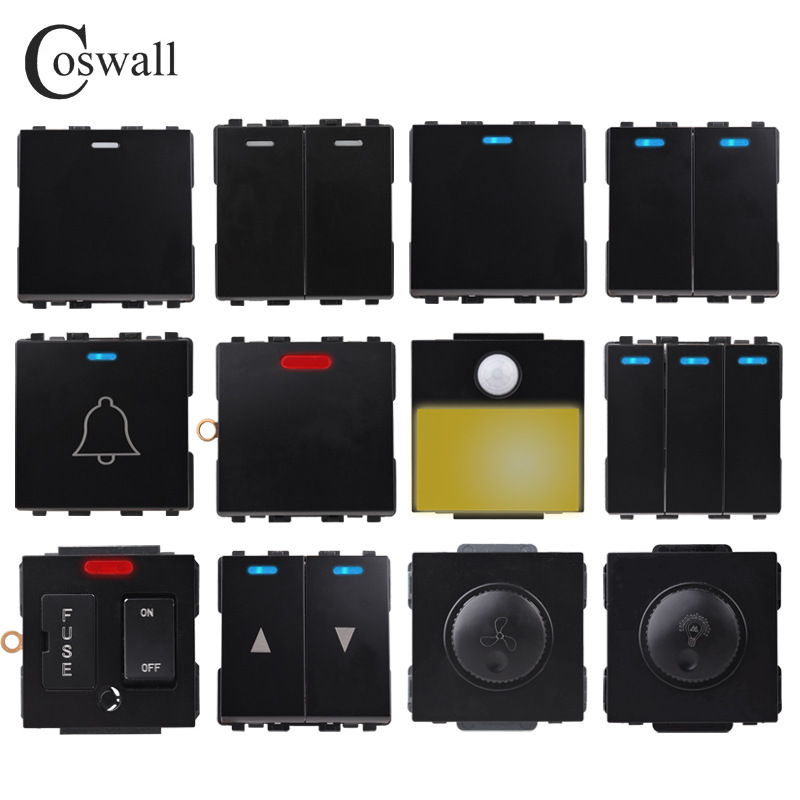 Type 86 Black Wall Switch Socket Water Heater Switch Dimming Speed Doorbell Function Key Module Combination