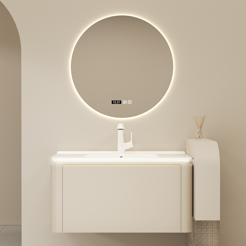 Cerámica integral cuenca crema viento inodoro de madera sólida gabinete de baño combinación lavabo lavabo cara espejo inteligente gabinete lavabo