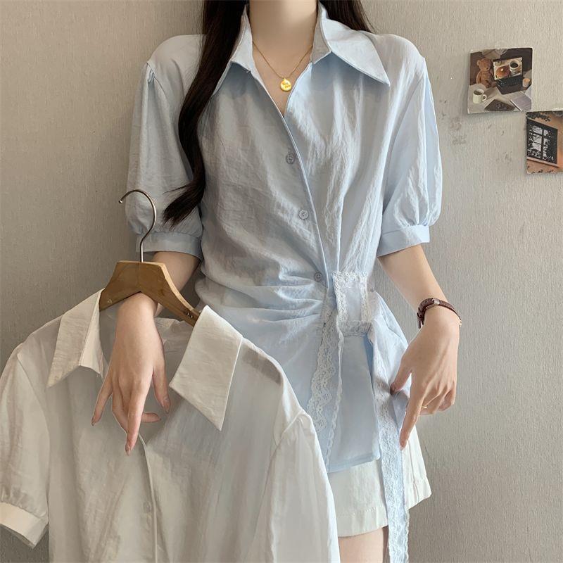 Irregular Short-Sleeved Bottoming Shirt for Women, New Summer Style, Plus Size, Slimming Lace-Up Waist-Cinching Top That Covers the Belly Irregular Short-Sleeved Bottoming Shirt for Women, New Summer Style, Plus Size, Slimming Lace-Up Waist-Cinching Top That Covers the Belly