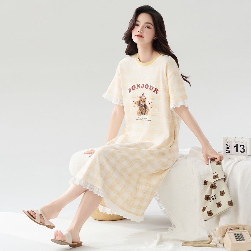 Class A Antibacterial Pure Cotton Nightgown Women's Summer Short-sleeved Long Dress Pure Cotton Pajamas dress Women's plus size Outer Wearing Women
