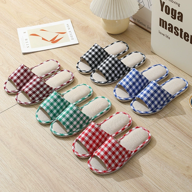 Летние тапочки Cixi с клетчатым узором из льна и хлопка, домашние тапочки для пар, для использования в помещении и на улице, нескользящие, фабричное производство.