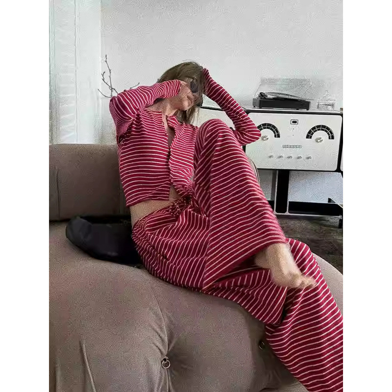 Korean Style Sweet Girl Striped Pajamas Women's Spring and Autumn 2025 New Outfit Casual Home Clothes Two-piece Set
