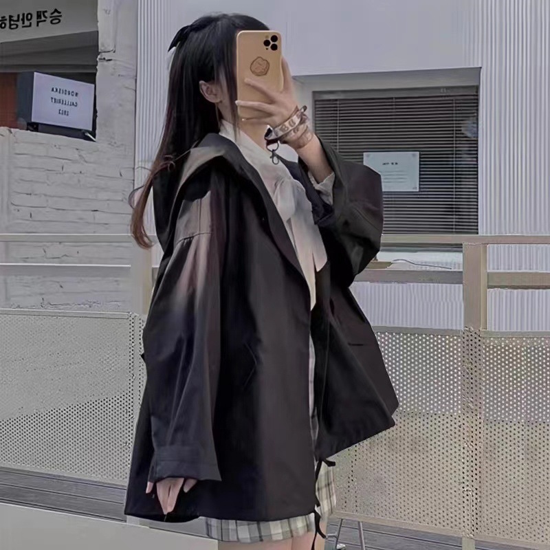 连帽风衣黑色外套女新款秋季女防晒宽松显瘦百搭原宿风|undefined