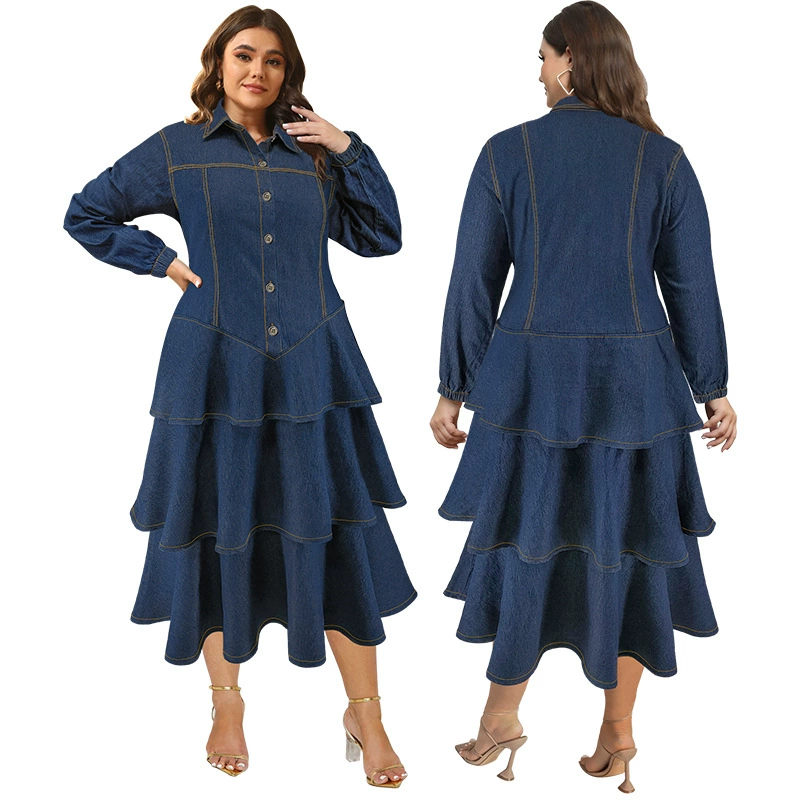 218511 Трансграничное женское новое джинсовое платье больших размеров с длинными рукавами и лацканами, длинное платье, прямая продажа с фабрики