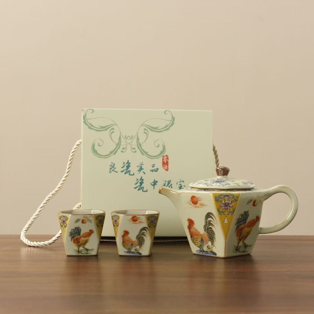 汝窑六方壶八方杯大吉大利招财进宝复古茶具一壶两杯开片汝瓷礼物