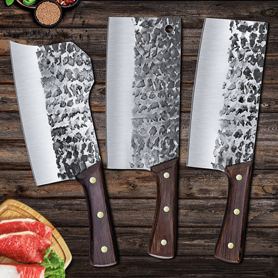 锤纹锻打不锈钢斩切菜刀家用厨师切肉刀砍骨刀斩切两用刀具套装
