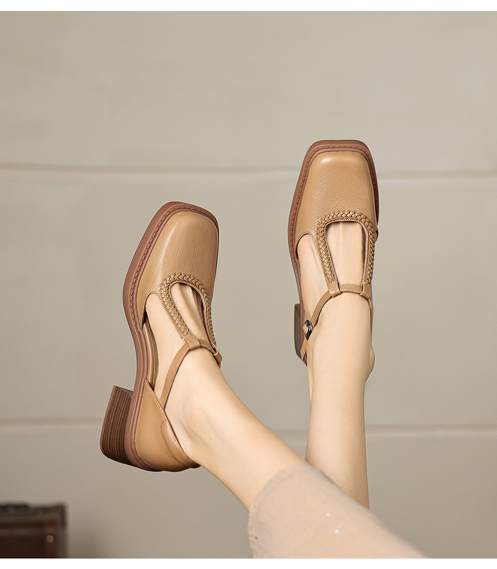 Sandal cao gót nữ mũi vuông quai chữ T đế dày — màu trắng ngà chi tiết 19