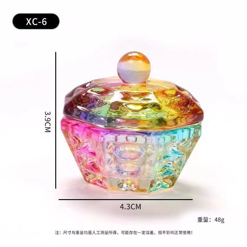 Vaso de Cristal para Manicura con Tapa Cristal Blanco Aurora Multicolor para Salón de Uñas