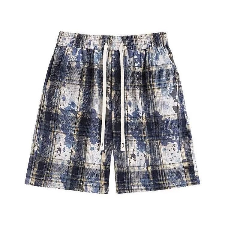 Men's Tie Dye Plaid Shorts High Street Trendy Summer Thin Casual Retro Style Loose Five Point Pants_viptrois.com