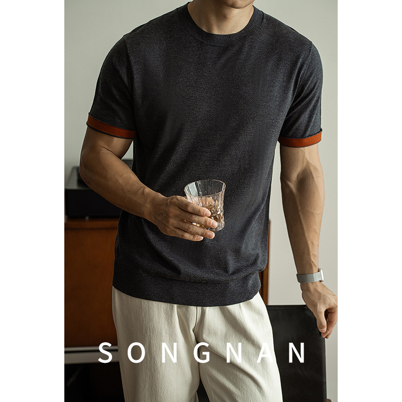 SONGNAN Mulberry Silk Wool Short-sleeved T-shirt Men's Business Casual Inner Thin Knitted Base Shirt Winter and Autumn