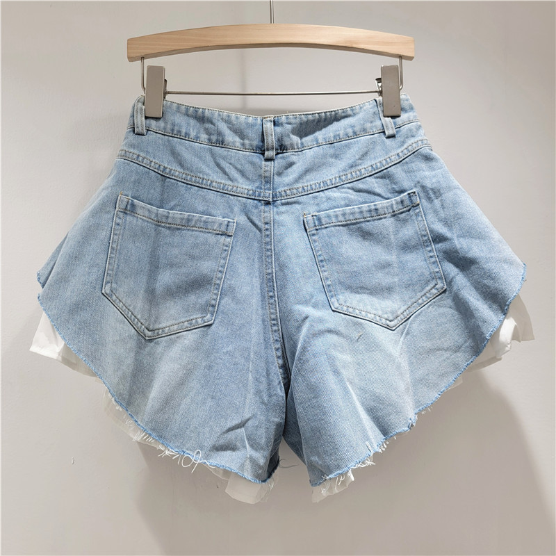 Pantalones Cortos Jeans de Doble Capa Falsa Mezclilla Cintura Alta para Mujer