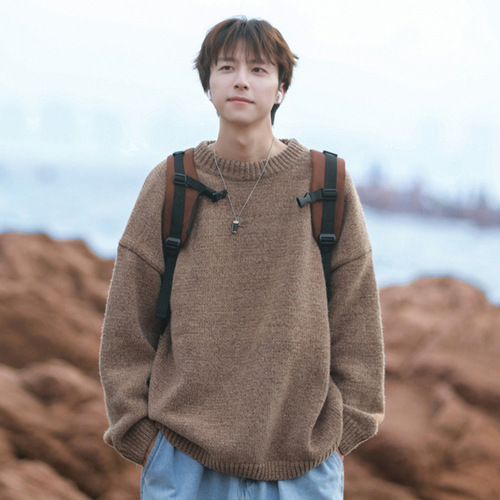 Men's Winter Thick Crew Neck Knit Sweater, Japanese Retro Loose Casual Style Linen Jacket