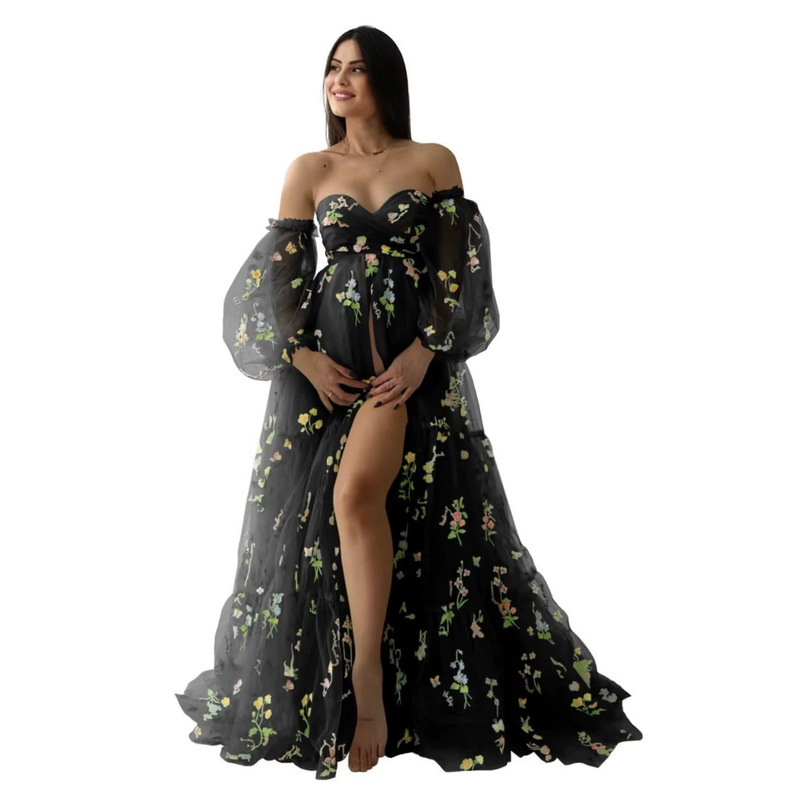 European and American Style Maternity Photo Shoot Dress with Floral Print, Puff Sleeves, High Slit, and Long Train for Pregnant Women Photography Studio Outfits