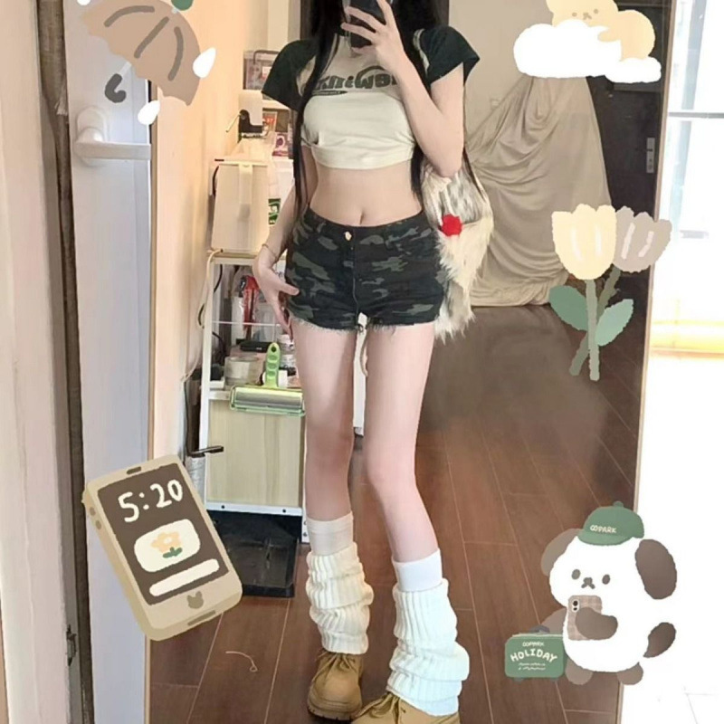 American Hot Girl Retro Military Green Camouflage Short Jeans Women's Thin Summer Design Tight Hip-Hugging Hot Pants