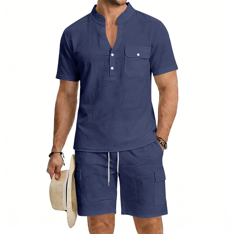 Men's Linen Henley Short Sleeve Shirt & Shorts Set, Breathable Summer Casual Outfit For Outdoor Travel And Daily Relaxation_viptrois.com