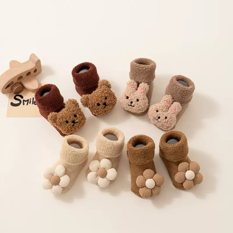 新生婴儿秋冬款袜子宝宝毛圈加绒加厚保暖防滑袜幼儿学步地板袜批