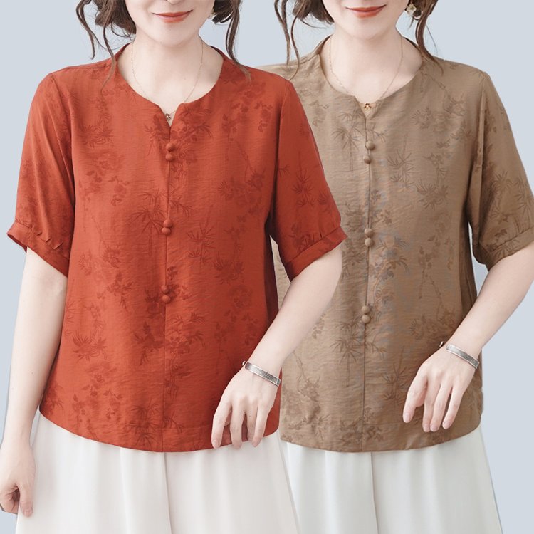 2025 엄마 여름 스타일 쉬폰 반팔 여성 셔츠 새로운 중년 및 노인 여성 여름 느슨한 티셔츠 탑