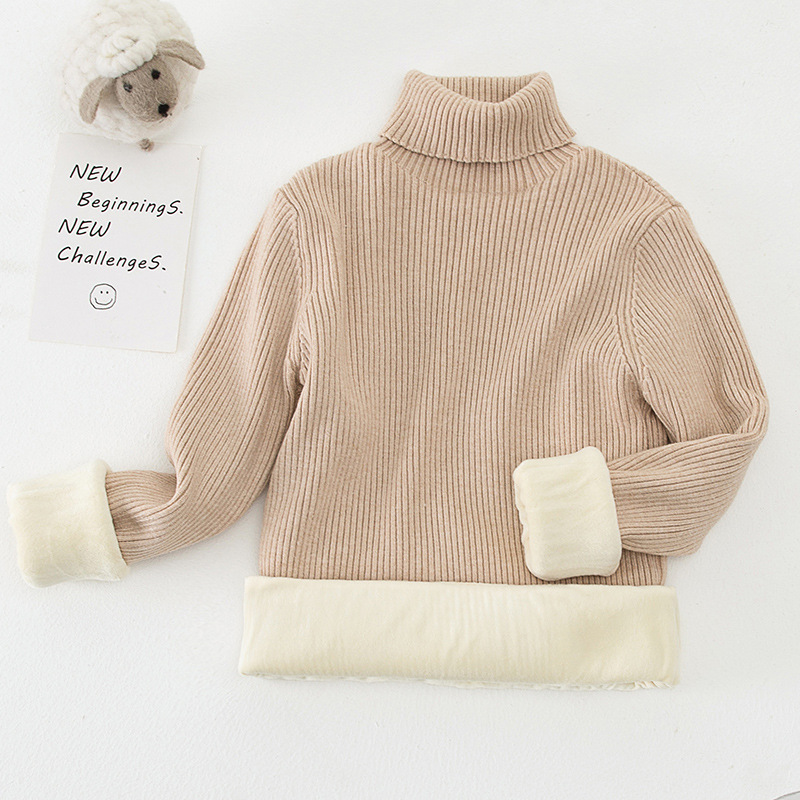 Suéter de cuello alto estilo coreano para niños y niñas, otoño/invierno 2025, capa base de punto, ropa infantil coreana con forro polar.