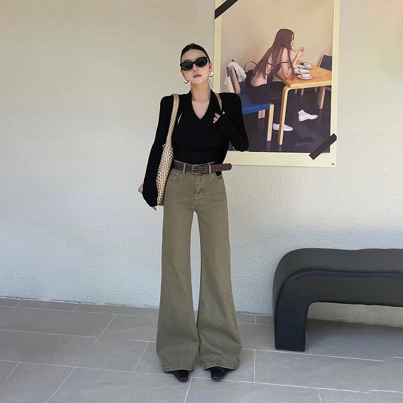 Olive green flared jeans for women, 2026 new early autumn elastic bell-bottom pants, popular slimming pants this year Olive green flared jeans for women, 2026 new early autumn elastic bell-bottom pants, popular slimming pants this year