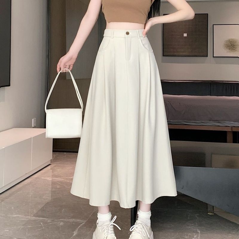春と秋の女性用黒スーツスカート、ミドル丈、ハイウエスト、スリム、ドレープ、Aライン、大きな裾のアンブレラスカート、プリーツロングスカート|undefined