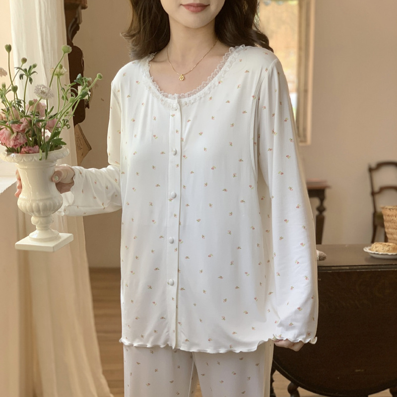 [Ready Stock 88198] Confinement Clothes Modal Spring and Summer Cardigan Nursing Clothes Maternity Postpartum Suit Home Clothes