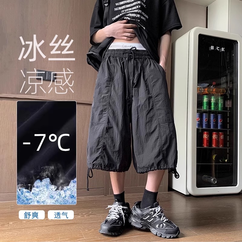 American Cropped Pants Men's Summer 2025 Thin Pants Casual Loose Cropped Pants Japanese Wide Leg Crock Shorts