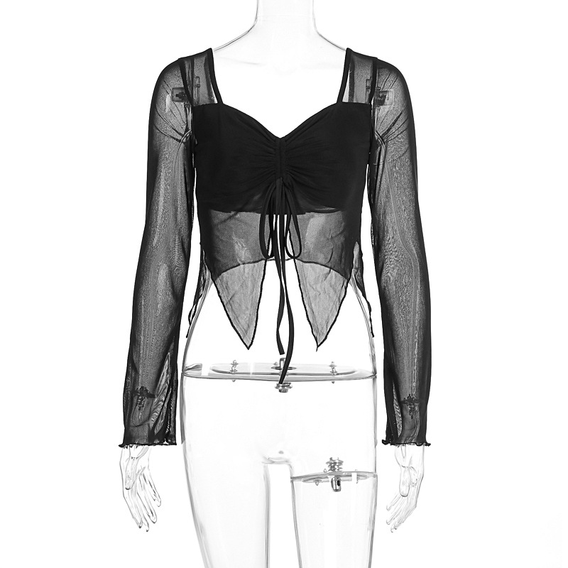 Women Autumn Winter Sexy Cropped Mesh Lace up Drawstring Short Long Sleeve Backless Top
