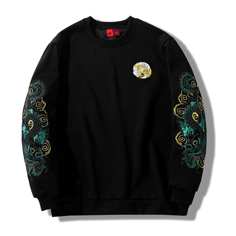 Autumn and Winter Fleece-Lined Chinese Style Embroidered Sweatshirt for Men and Women, National Trend Green Dragon Pattern Pure Cotton Round Neck Jacket, Casual and Versatile