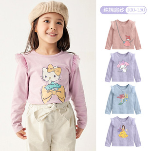 Children's Long-sleeved T-shirt Spring and Autumn Pure Cotton Girl's Base Shirt Cartoon Baby Pullover Shoulder Gauze Princess Children's Wear for Women