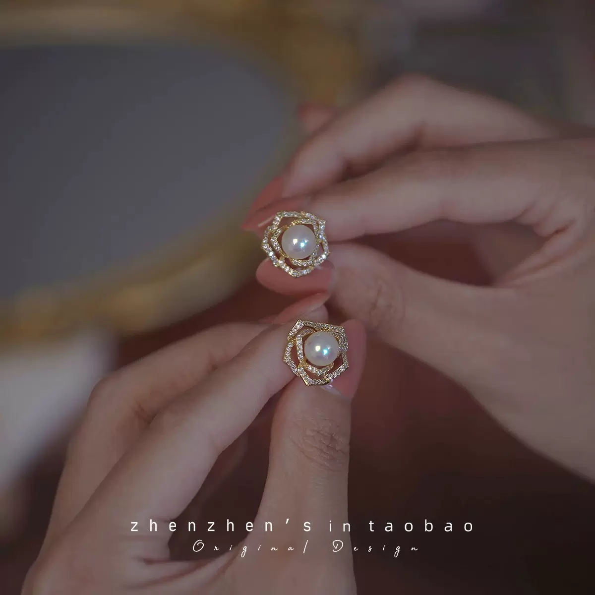 玫瑰。天然6A强光淡水珍珠时尚优雅银针耳钉气质小众设计感耳饰