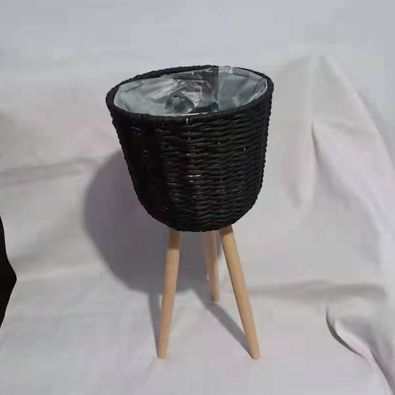 Piso de La Flor soporte de madera pierna piso flor soporte tejida flor olla sala de estar balcón decoración flor cesta paja tejido piso soporte
