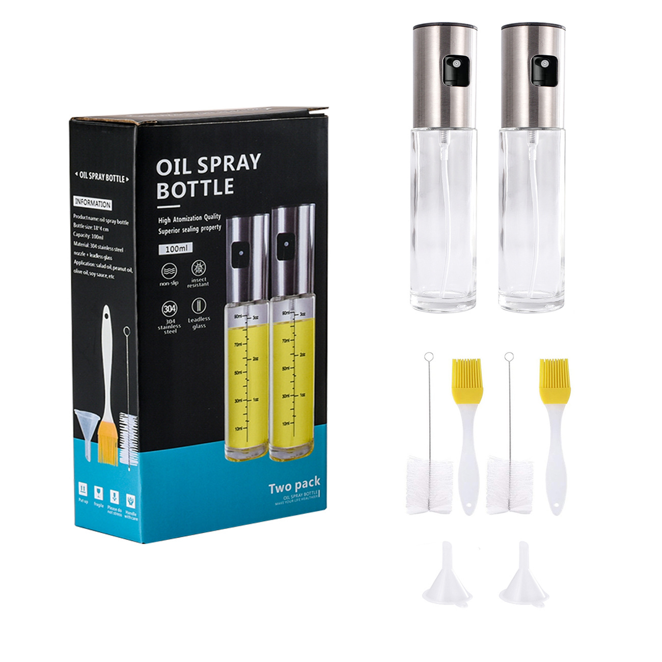 Juego de 2 botellas de aceite en aerosol de acero inoxidable 304, botellas de aceite en aerosol tipo prensa para barbacoa al aire libre, botellas de aceite verdes a prueba de luz.