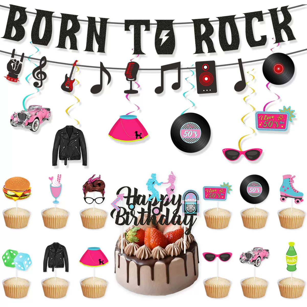 亚马逊跨境1950年代复古摇滚风派对装饰闪金粉拉旗拉花蛋糕插牌