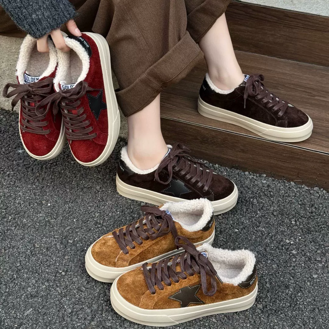 红韵～星星板鞋爆款百搭厚底休闲鞋设计感德训鞋女年冬季加绒板鞋