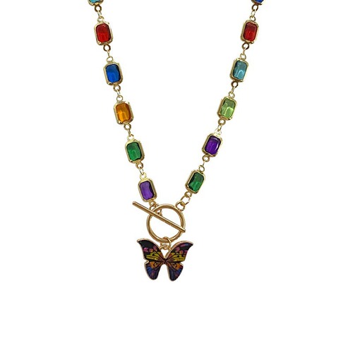 Colorful crystal butterfly necklace, retro French niche clavicle chain, versatile ins style summer light luxury necklace for women