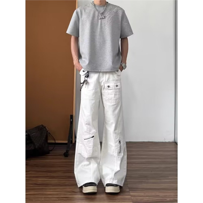 White Flared Work Jeans for Men, Summer Thin High-Waisted Slimming Pants with Multiple Pockets and Zipper Straight-Leg Trousers
