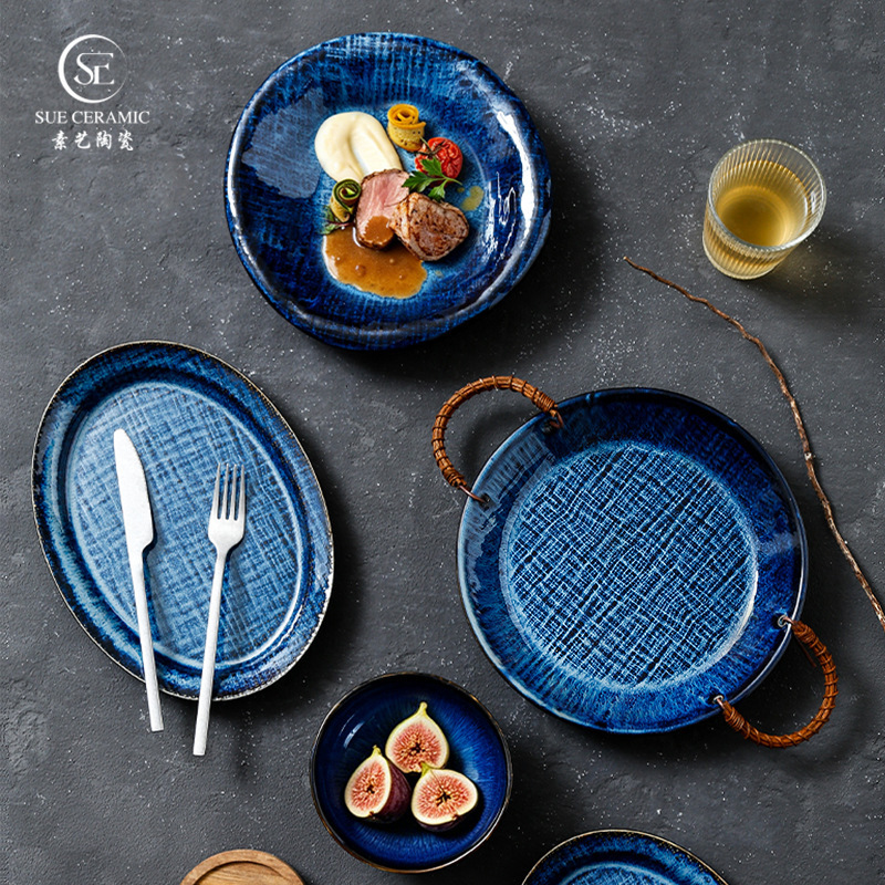 Japanese-Style Tableware Handmade Cloth-Patterned Coarse Pottery Dinner Plates and Bowls Creative Restaurant Presentation Irregular Bowl and Plate Set Japanese-Style Tableware Handmade Cloth-Patterned Coarse Pottery Dinner Plates and Bowls Creative Restaurant Presentation Irregular Bowl and Plate Set