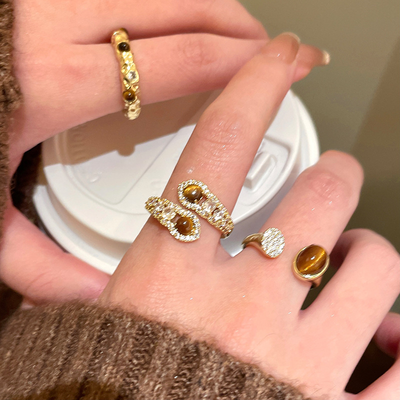 美拉德锆石虎眼石款开口戒指女小众百搭设计食指戒时尚高级感手饰