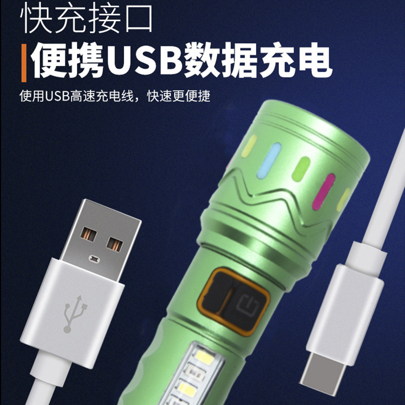 Linterna de luz fuerte transfronteriza, carga portátil multifuncional para exteriores, batería de larga duración, linterna con zoom súper brillante